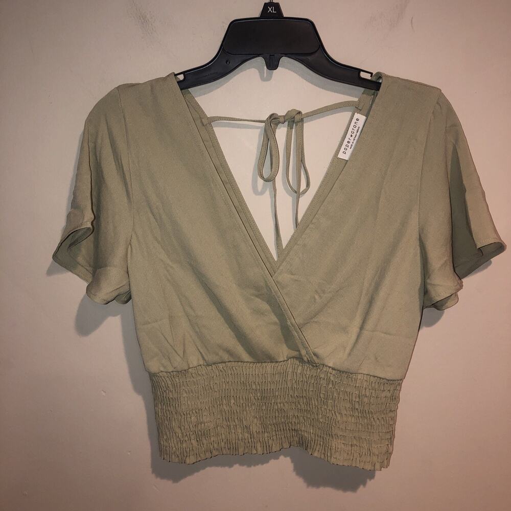 Paper Crane Green Cropped Fluttered Short Sleeve Smocked Waist Top Blouse Sz M